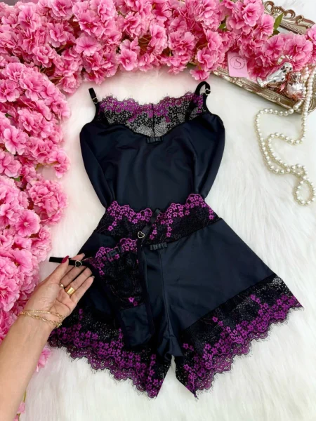 BABYDOLL ENCANTO NEGRO CON ROSA